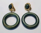 Vintage Green Wood Circle Hoop Gold Tone Clip On Dangle Earrings
