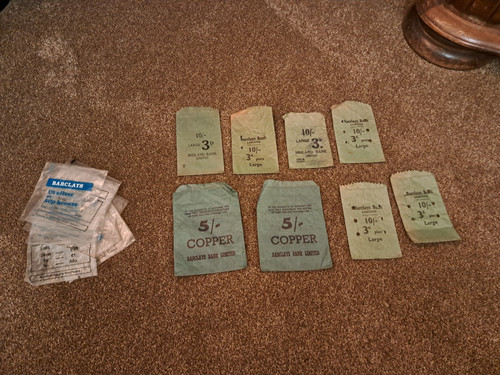 COLLECTION OF 60'S PRE DECIMAL PAPER BANK COIN BAGS PLUS SOME 80'S FILM PROP ETC