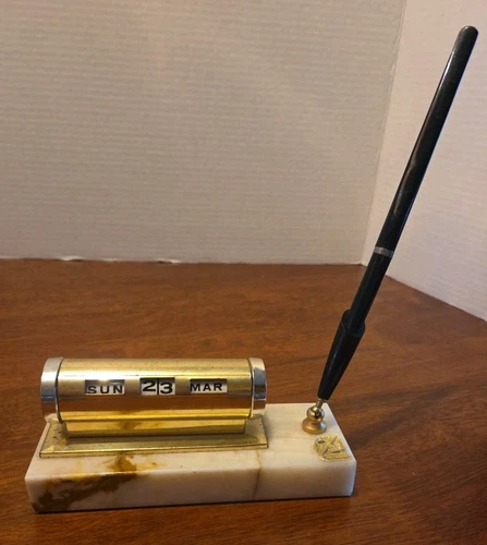 Vintage Perpetual Desk Calendar With Working Pen, Pen Holder & Onyx Marble Base