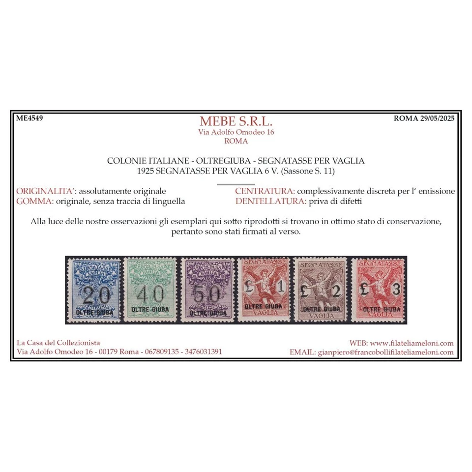 COLONIAS MÁS ALLÁ DE GIUBA 1925 SELLOS PARA GIRO 6 V. N.1-6 G.I MNH** CERT. - Imagen 3 de 3