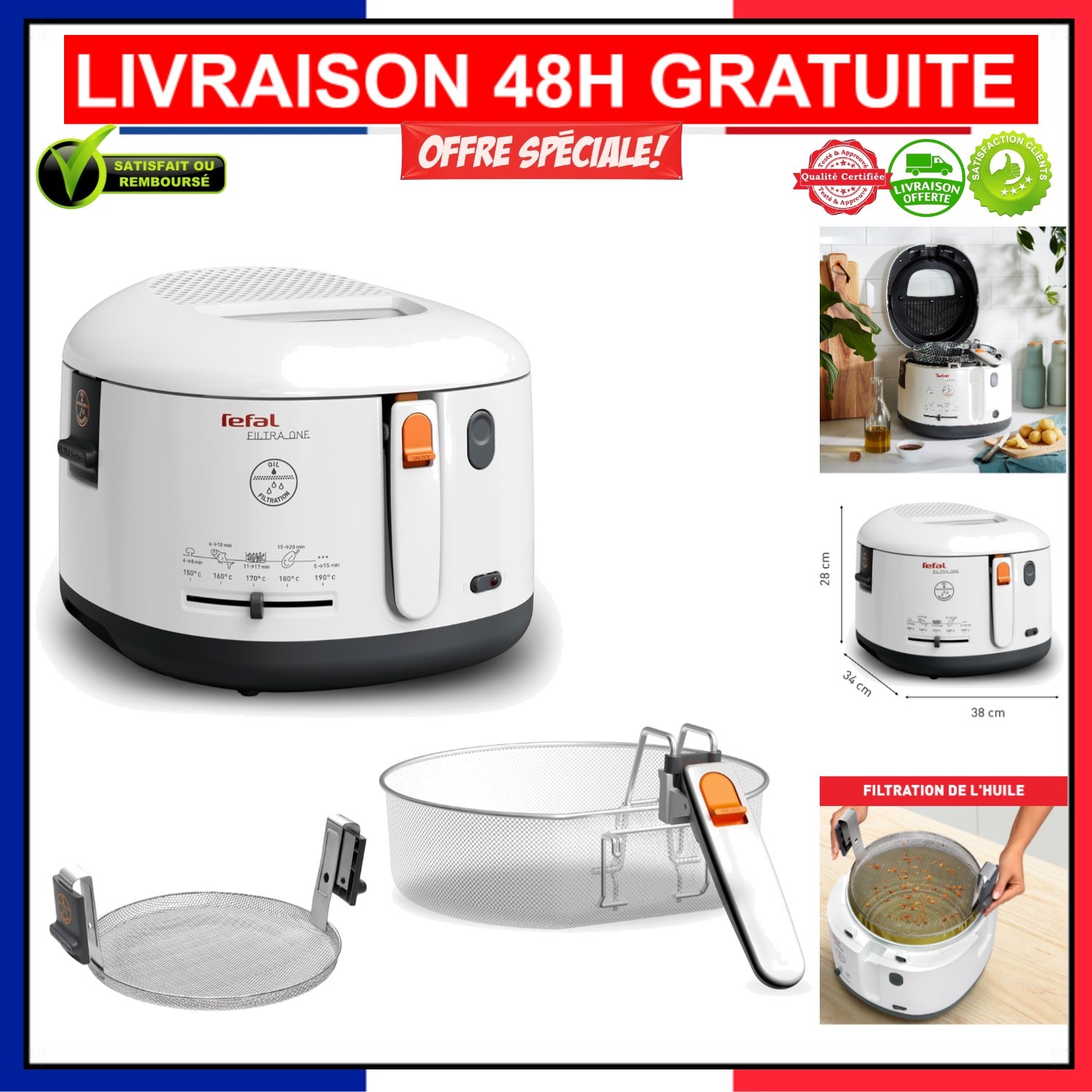 Friteuse Tefal Filtra One blanche de 1900W avec filtre métallique pour frites croustillantes