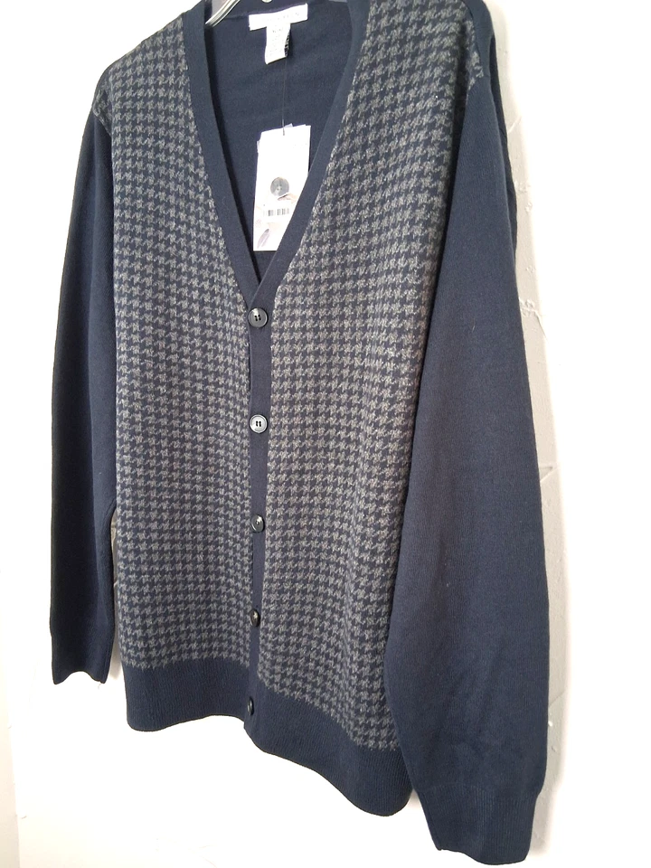 Cárdigan Suéter Pata de Gallo Azul y Gris Geoffrey Beene Talla XL Abuelo Preppy Foto 3 de 4