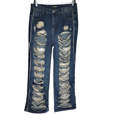Fashion Nova Women's Destroyed Straight Jeans Size 14 Blue Denim 26x33