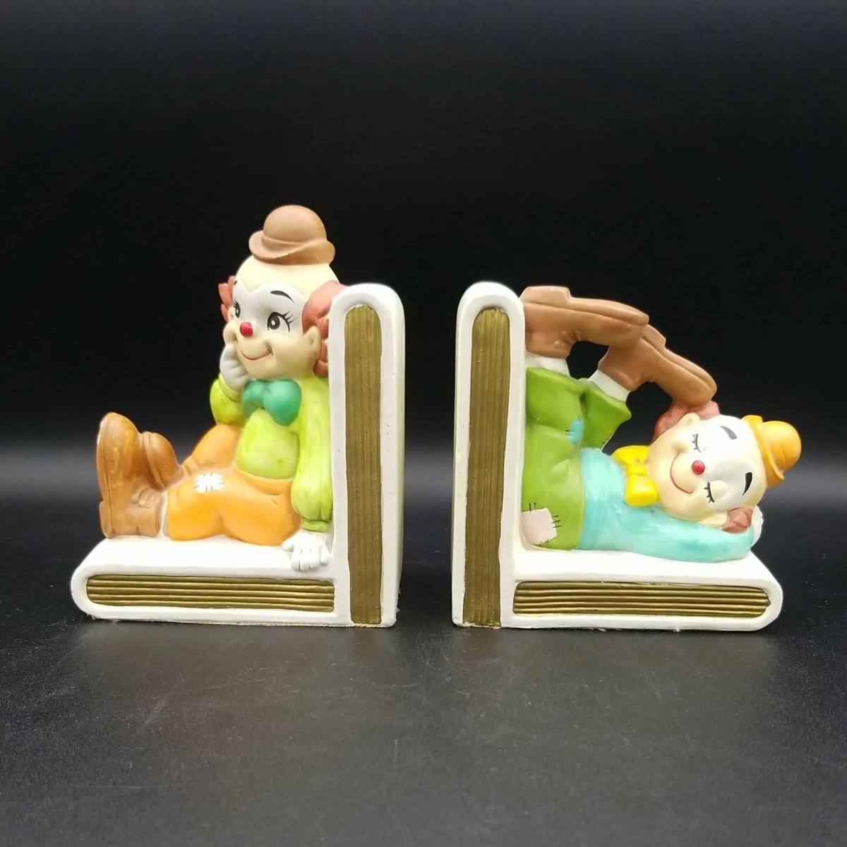 Vintage Set Lefton Clown Bookends, Nursery, Happy Clowns, Original