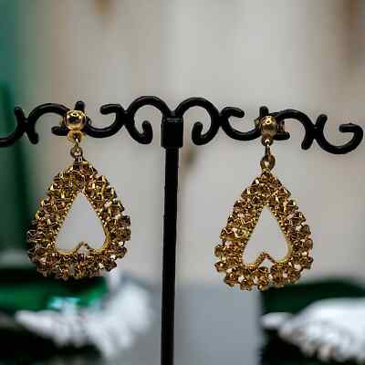 Cut Out Gold-Tone Textured Upside Hearts Dangle Earrings Vintage!