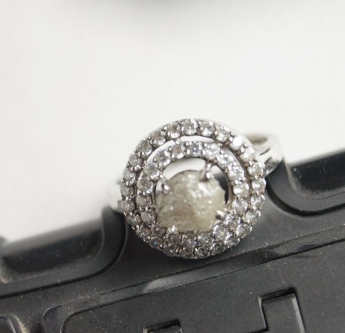 1.20CTS Gray Rough Diamond Ring, Canadian Uncut Raw Diamond silver Hallo Ring - Picture 7 of 7