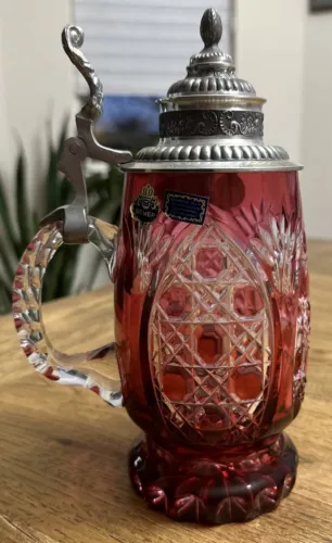 Vintage Rare Beyer Hand Cut Cranberry Red To Clear & Pewter Lidded Beer Stein