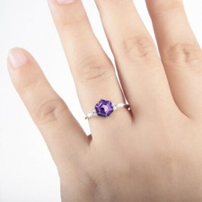 Art Deco Hexagon Cut Natural Purple Amethyst 925 Sterling Silver Cocktail Ring