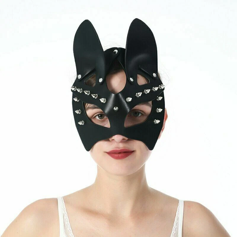 Leather Punk Halloween Riveted Cosplay Half Mask Sexy Cat Eye Mask Party Props - Image 4 of 4