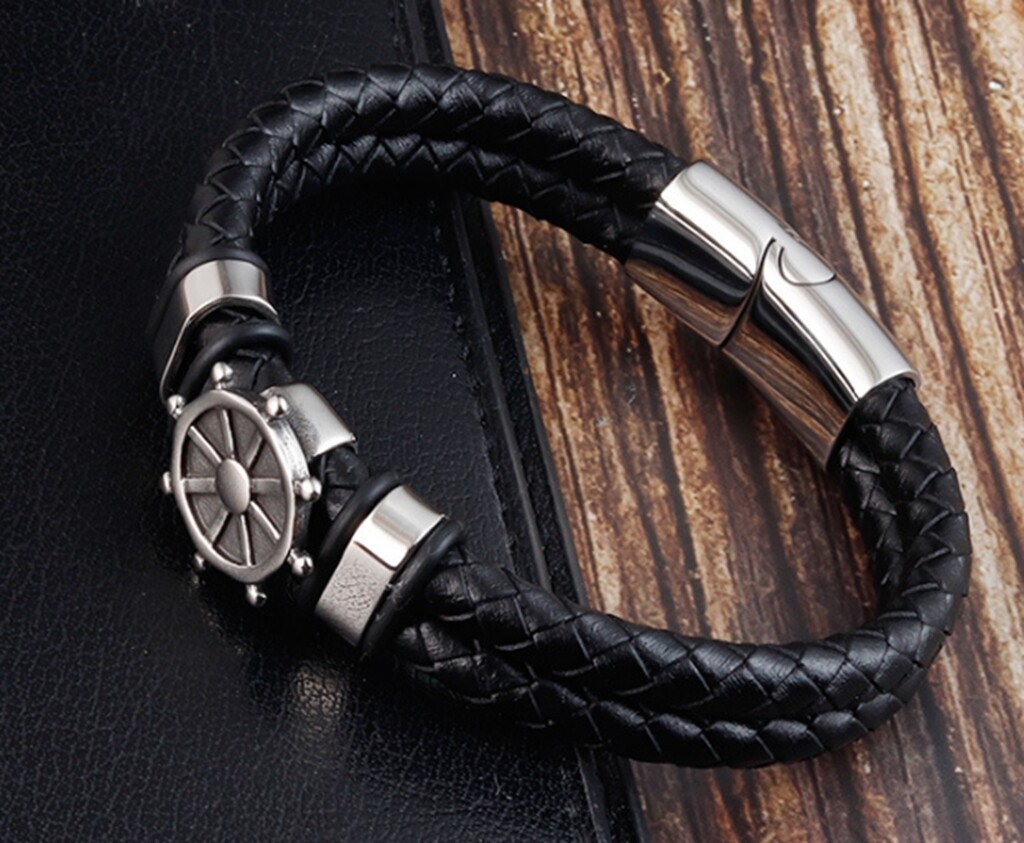 Men Boy Women Anchor Steering Wheel Black Leather Bracelet