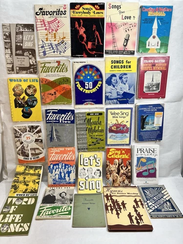 25 vintage (1930s-1970s) religious Christian songbooks:spiral, hardback, paper