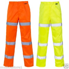 HI VIZ  HIGH VIS 3 BAND POLY COTTON  REFLECTIVE WORK TROUSERS HIGHWAY RAIL Roads