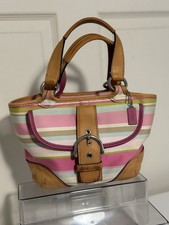 Vintage Coach Hamptons Soho 1888 Twill Striped Tote Bag Pink Green Y2K Grail