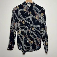 H&M Womens Button Up Shirt Size 0 Blue Paisley Soft Career Office Quiet Luxury