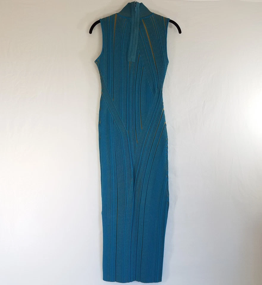 Hervé Léger Paris Bandage Maxi Dress Tidal Wave Blue Gold Ribbed LARGE Mock Neck - Image 3 of 4