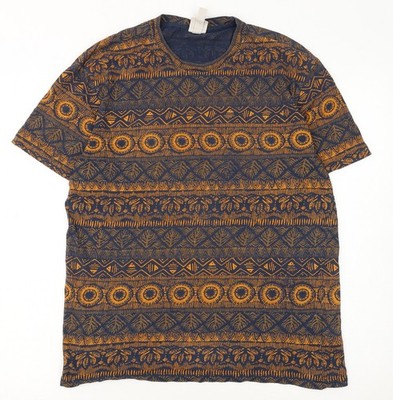 H&M Herren T-Shirt blau Aztekenmuster Baumwolle Rundhals Größe S