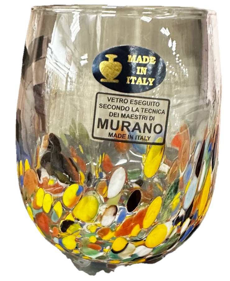 Murano White Crystal Confetti Stemless Wine Glasses Hand Blown Italy New Set/2