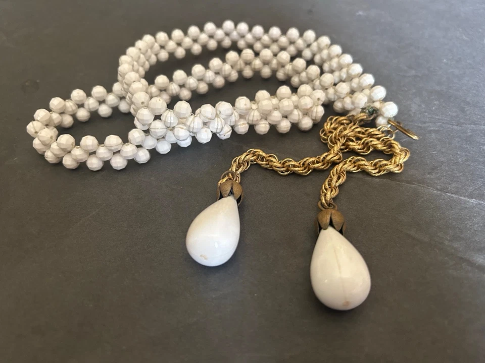 70s Belt Milk White Faceted lucite Beads Gold Chain Tear Drop Tassels HANDMADE - Image 2 of 4