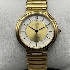 Vintage Halston Womens Watch 32mm Gold Tone White Dial Bracelet New Battery 8.5"