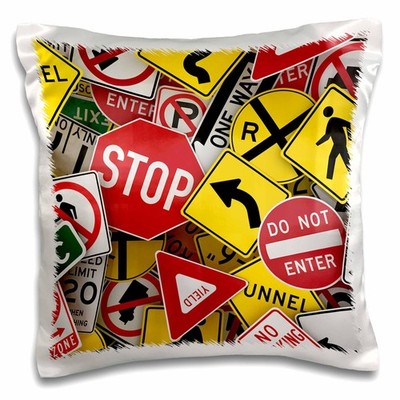 3dRose American Road Sign Collage Stop Yield Pillow Case 16x16