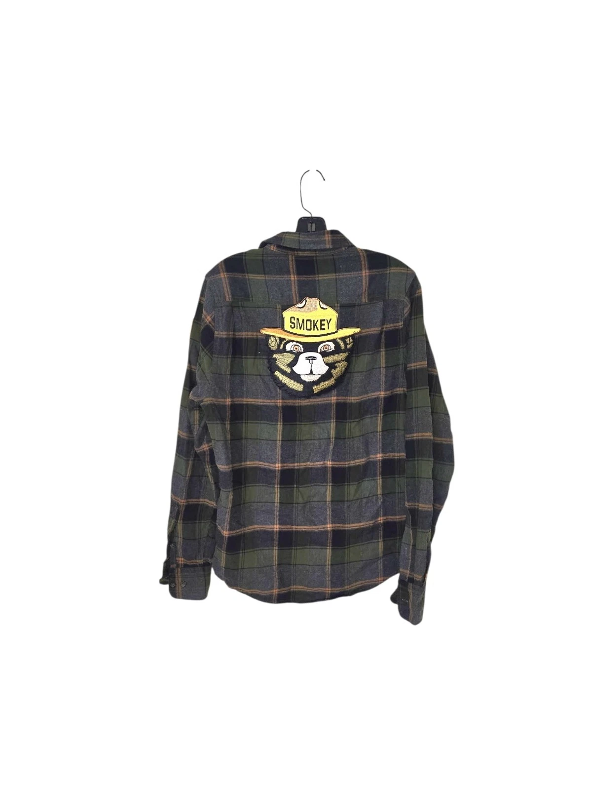 Angry Minnow Smokey Bear Shirt Mens S Gray Plaid Flannel Patch Button Up