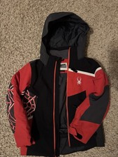Spyder Boys Ski Jacket Size 8 Hooded Zip Red Black Gray White Colorblock