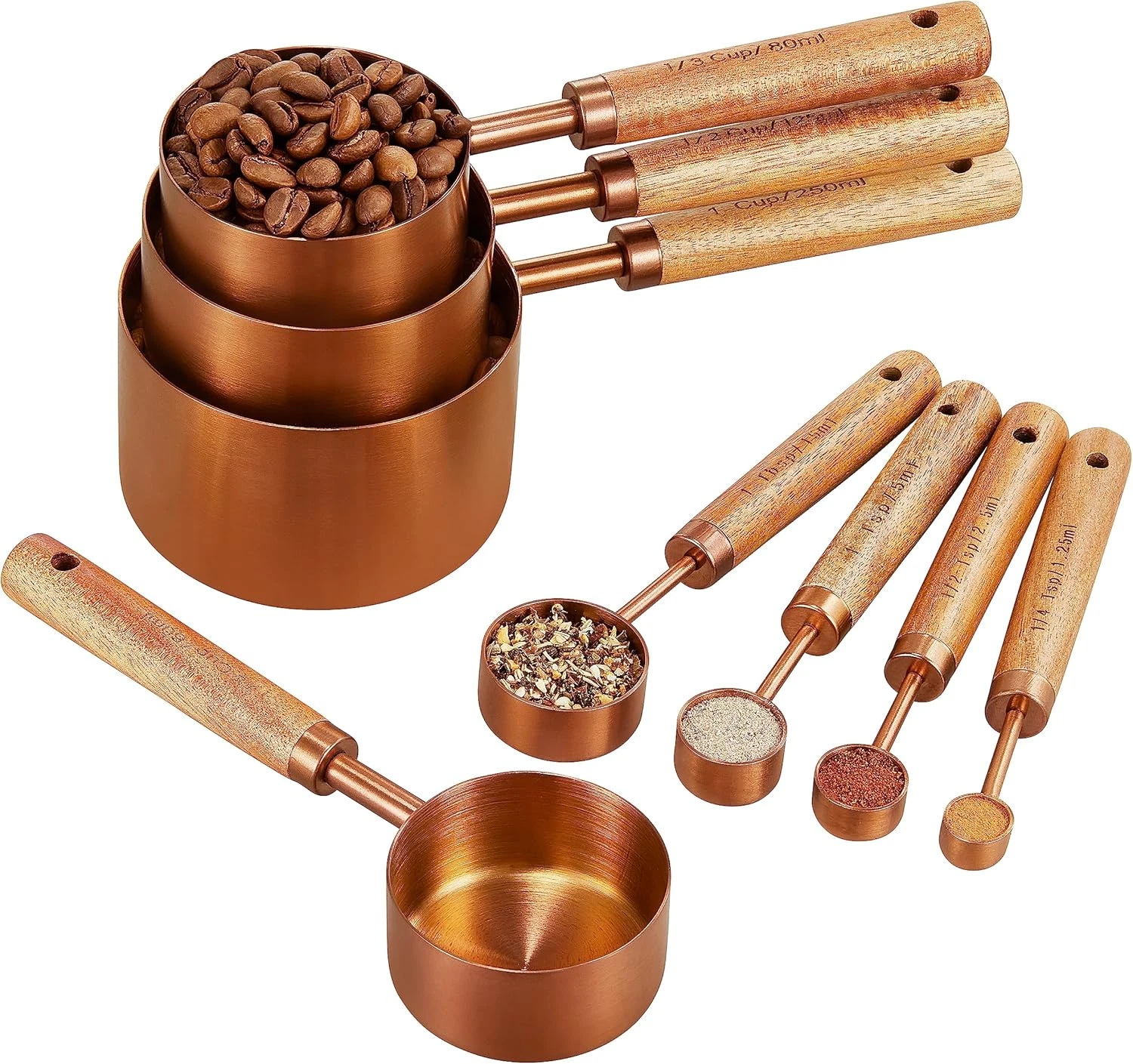 Copper Stainless Steel Measuring Cups and Spoons Set of 8, Wooden Handle with US