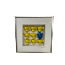 Carlos Silva 2013 Clayworks Framed Miniature Teacups Teapot Art 8.25"x8.25"