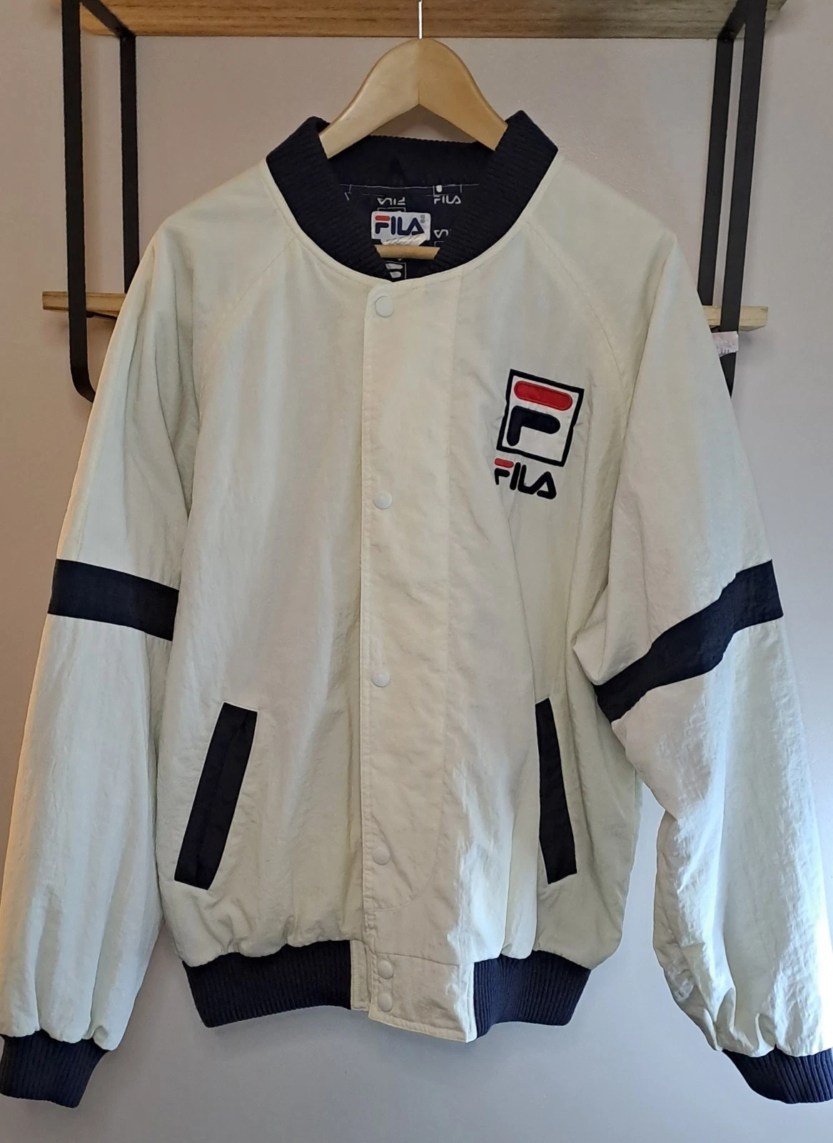Vintage 90s FILA Jacket Mens L Cream Navy Windbreaker Retro Sports Coat