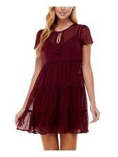 CITY STUDIO Womens Short Sleeve Tie Neck Mini Party Baby Doll Dress