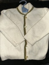 Vintage 60 s Baby Cream/Ivory Cardigan Sweater Green/Gold Stripe Buttons