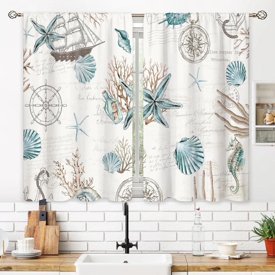De colección Estrellas de Mar Conchas de Mar Pequeñas Cortinas de Cocina Coral Náuticas Ventana Treatmen Foto 3 de 4