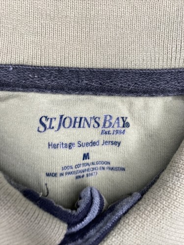 St Johns Bay Polo Shirt Men's Medium Beige Blue Striped Long Sleeve - Picture 4 of 6