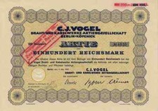 C. J. Vogel 1932 Ariadne Kabel Hannover Wien Köln 100 RM Historische Wertpapiere