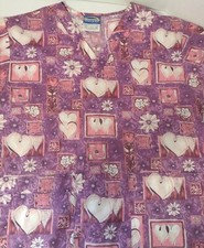 Scrub Wear Women's Size Medium Scrub 6Top Purple Pink Hearts Flowers R1 