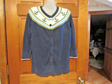  75 LL BEAN SWEATER CARDIGAN COTTON NAVY BLUE ANCHORS 3/4 SLEEV L 14 16 40" 41"