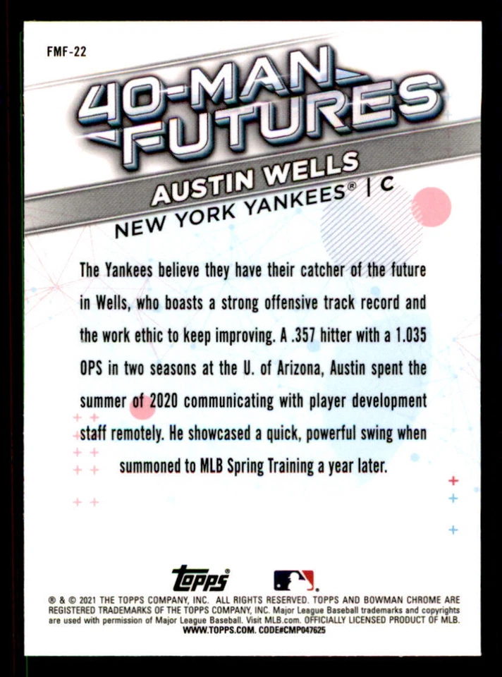 2021 Bowman Chrome 40-Man Futures Refractors #FMF22 Austin Wells - Image 2 of 2