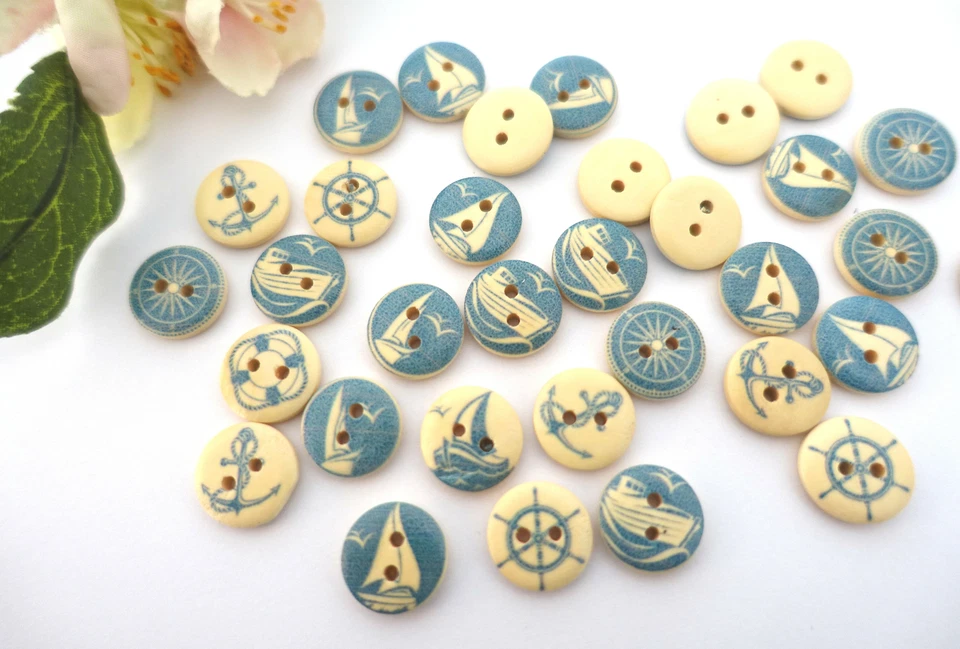10x Knopf 15mm Rund Maritim Anker Boot Knöpfe Kinder Jungen Buben blau beige - Bild 3 von 3