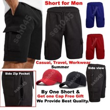 Men's Short Sweat Summer Cargo Fleece Plain Jersey Jogging with Zip Pockets