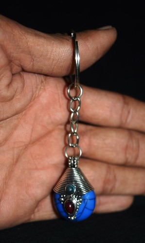Tibet Design Blue Stone Key Chain Handmade White Metal Car Font Mirror Hang AM9 - Picture 2 of 5