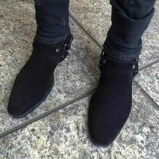 New Handmade Black Suede Formal Round Harness, Zipper Dress Boots For Mens