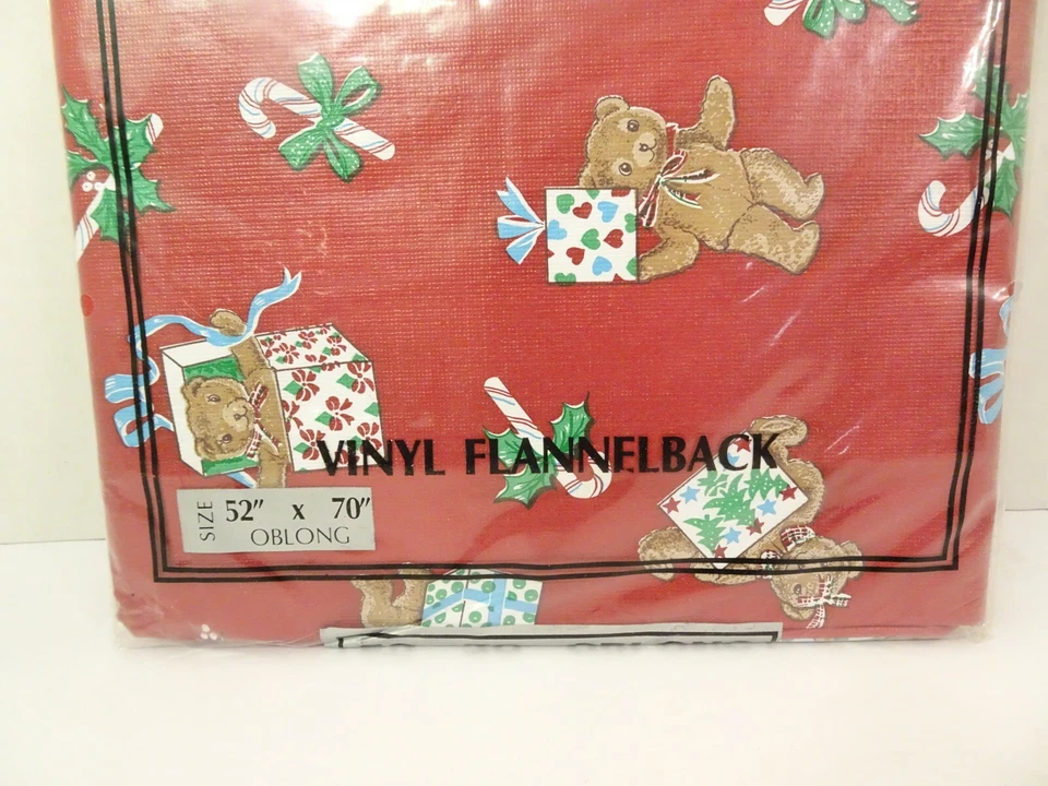 Holiday Vinyl Flannel Back Tablecloth Christmas 52x70 Vintage NEW Red Teddy Bear - Image 4 of 4