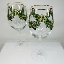 Christmas Wine Glasses Gold Bow Rhinestone Holly Jeweled Cocktail Set of 2 NEW
