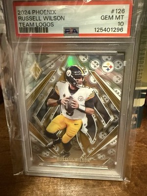 2024 Phoenix Russel Wilson Team Logos /299 PSA 10, and 2024 Certified Russ /225
