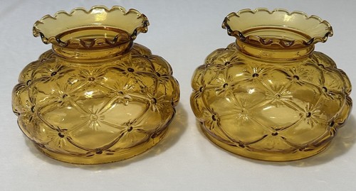 2 Vintage Quilt Diamond Cut Amber Ruffled Glass Hurricane Lamp Shades 70s 6”tall - Picture 10 of 18