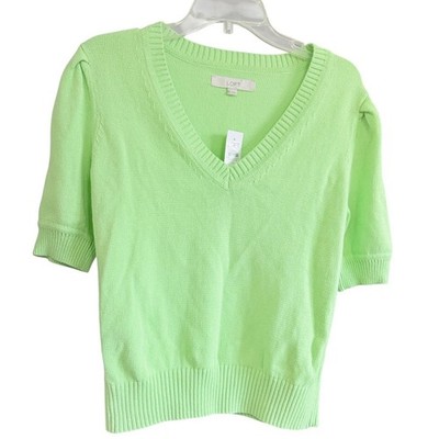 LOFT Womens Green V-Neck Puff Short Sleeve Cotton Knit Sweater Top Size M