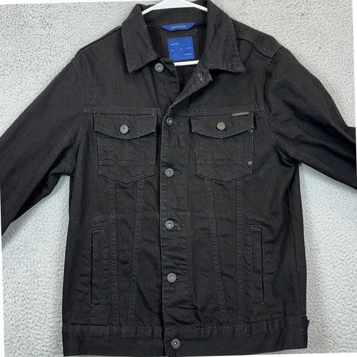 Zara Man Jacket Mens Medium Denim Jean Black Trucker Button Down Flap Pockets