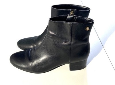 Ralph Lauren Black Leather Ankle Boots With Gold RL Logo & Side Zipper Closure -