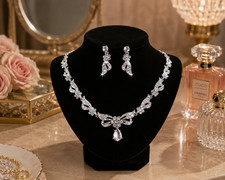 Silver Crystal Floral Necklace  Earrings Set, Rhinestone Bridal Wedding Jewelry