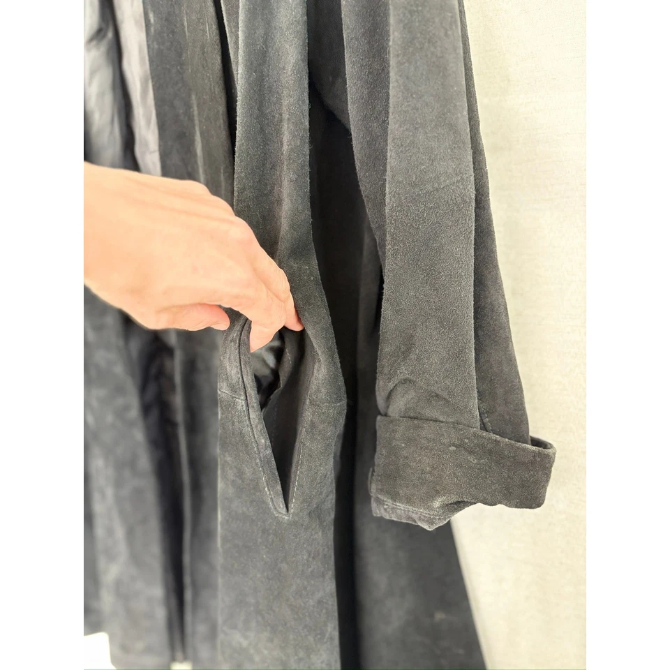 Ellen Tracy Black Suede Open Front Duster Y2K Cut Flare Hem Jacket Womens - Image 4 of 4